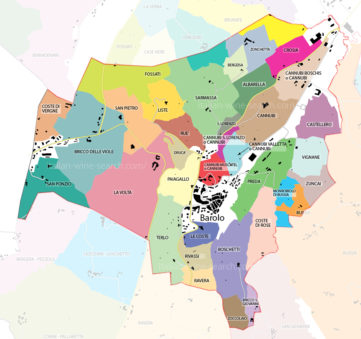 バローロ村区画(Cru)分布図 極上イタリアワイン、当たり年
